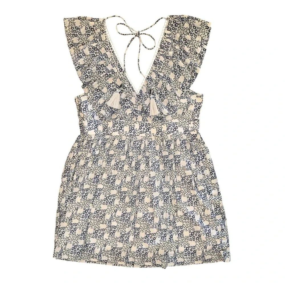 Anthropologie V-Neck Plunge Tunic Mini Blue White Floral Dress Size Medium $148